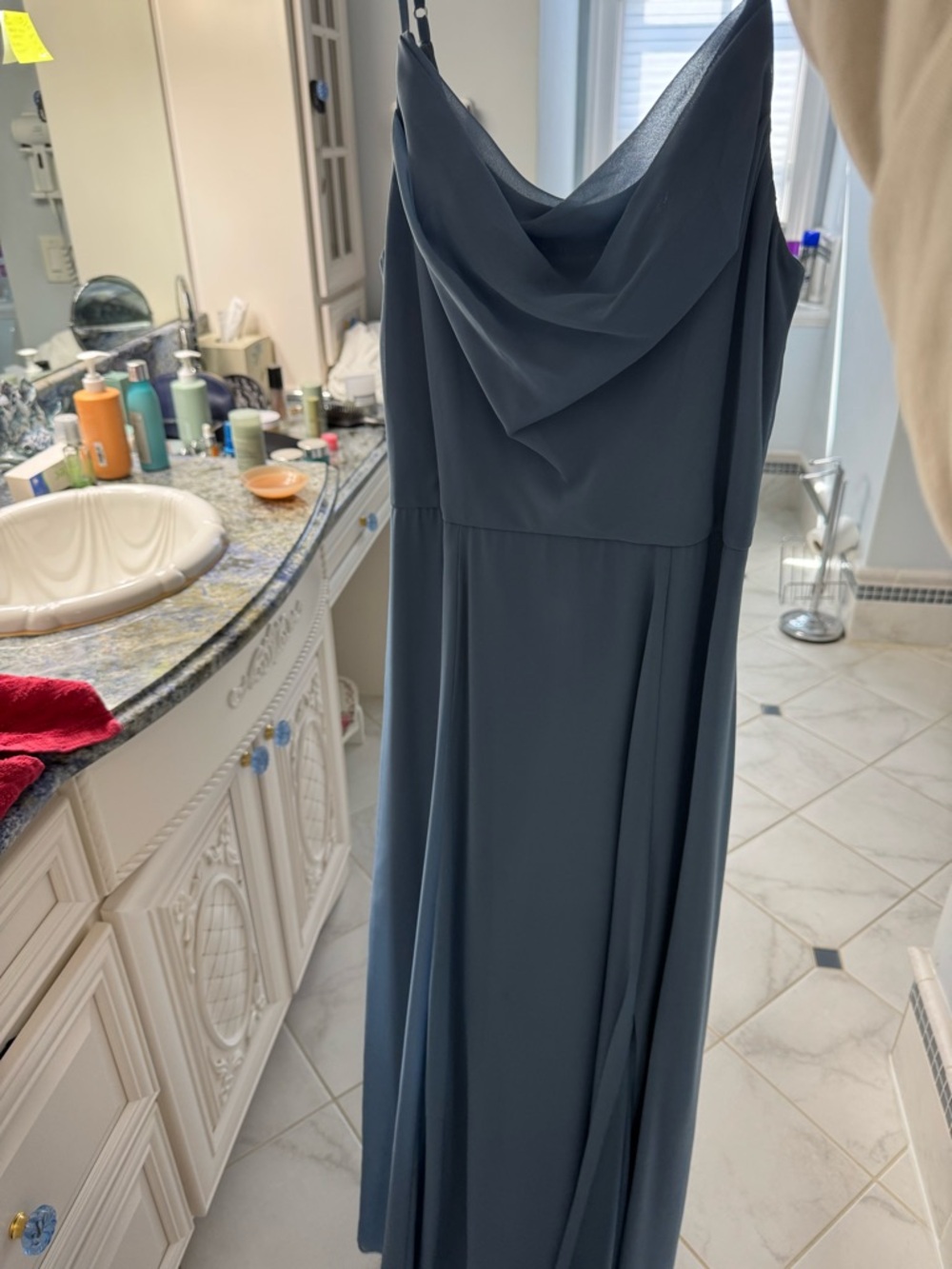 David's Bridal Slate Blue Cowl Neck Dress